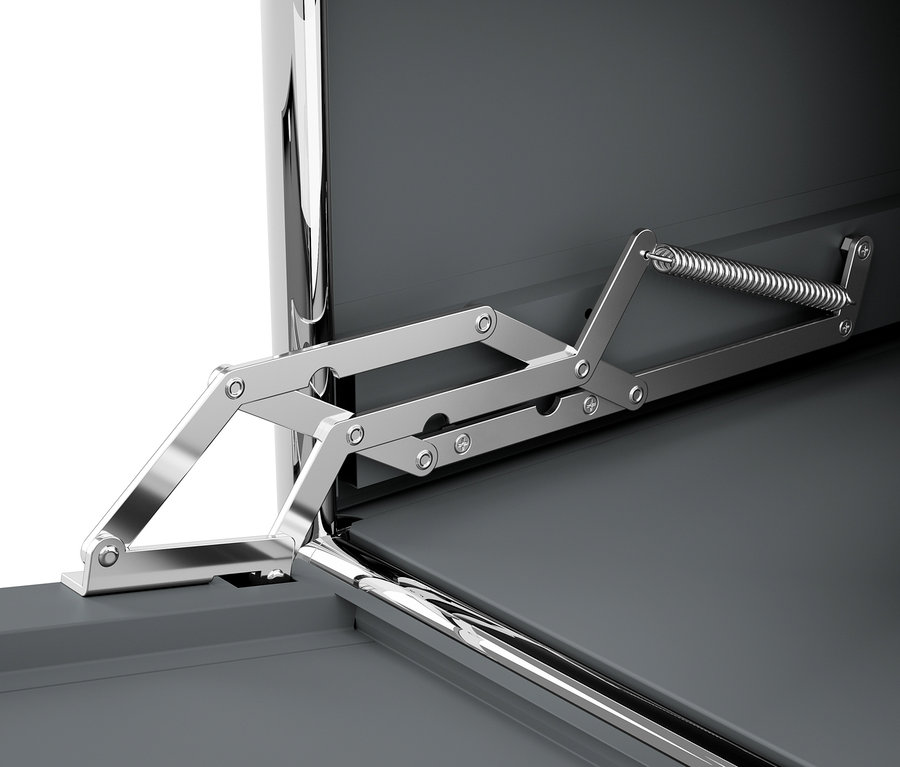 Vue détaillée d'une étagère métallique grise CN3 avec des abattants ouverts, le mécanisme de fixation des abattants étant argenté.