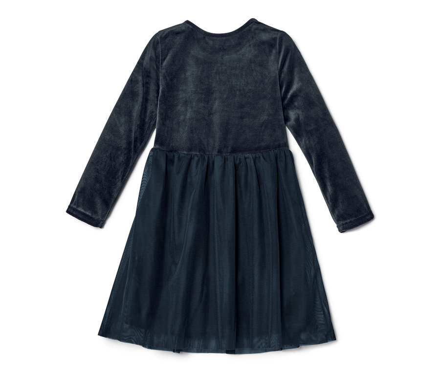 Une robe en tulle bleu marine pour enfant avec des manches longues posée sur un fond blanc.