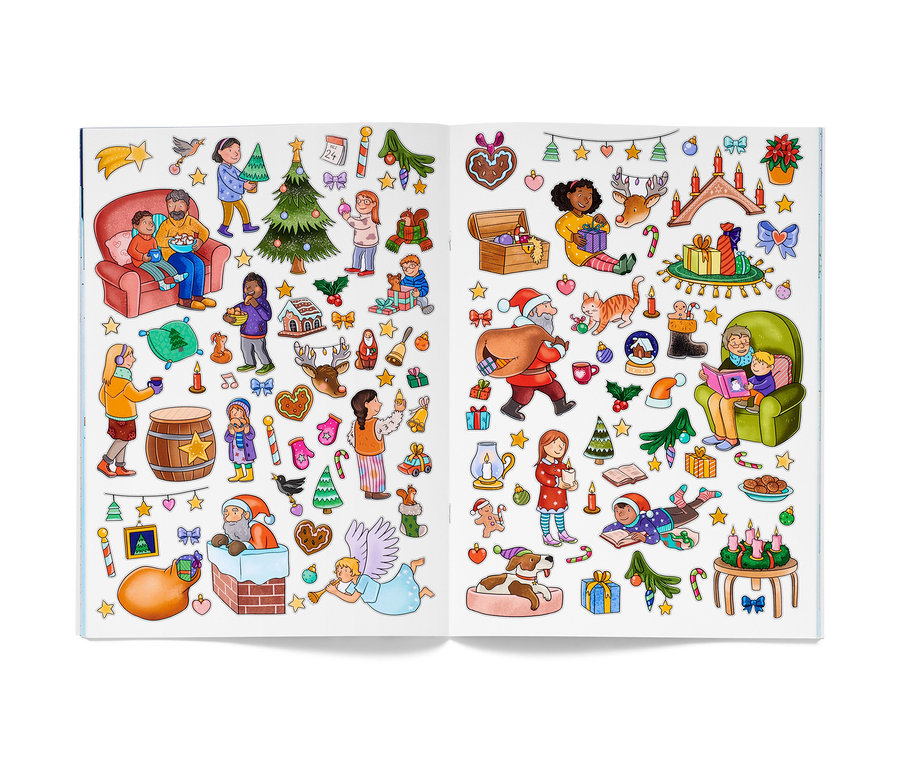 Un livre ouvert de stickers de Noël montre des personnes, des arbres de Noël, des cadeaux et des décorations, y compris "Mein Stickerbuch «
Weihnachten » (Livre d’autocollants « Noël », en allemand)".