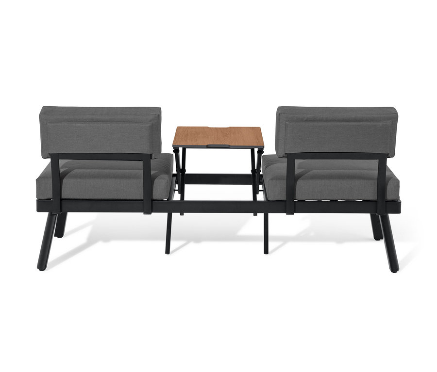 Deux canapés gris flanquent une table marron relevée, Canapé-lit 2 en 1 avec table centrale relevable.