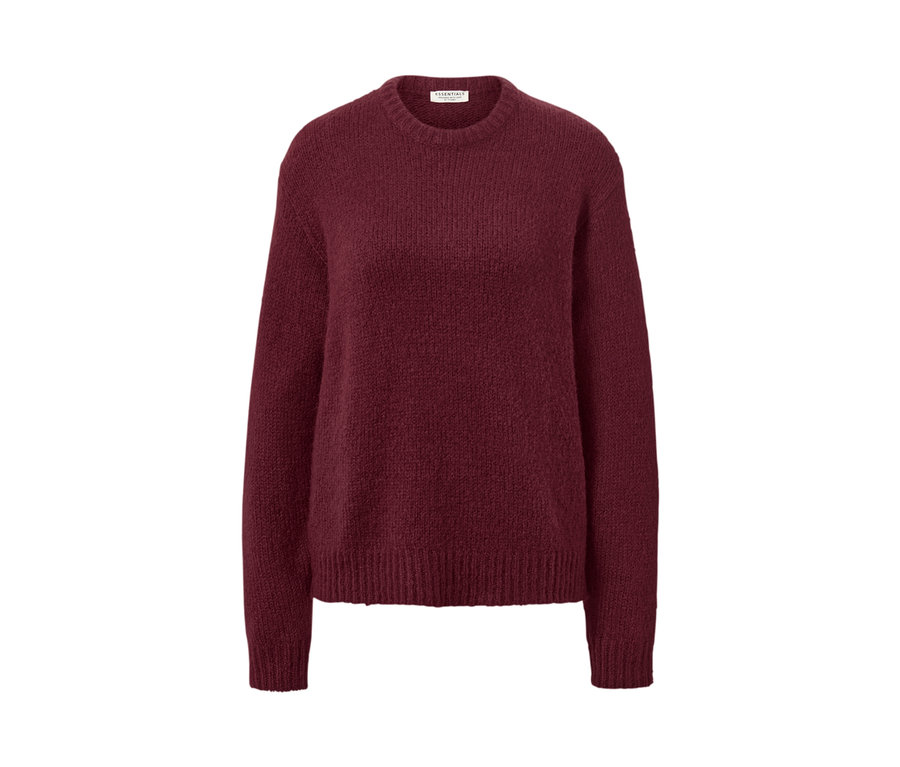 Pull en grosse maille rouge bordeaux avec de la laine.
