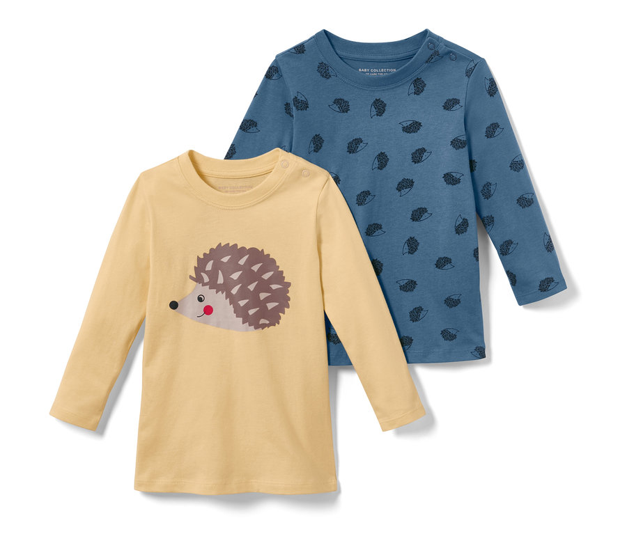 Deux t-shirts à manches longues pour tout-petits, un jaune avec un imprimé hérisson, un bleu avec un motif hérisson.