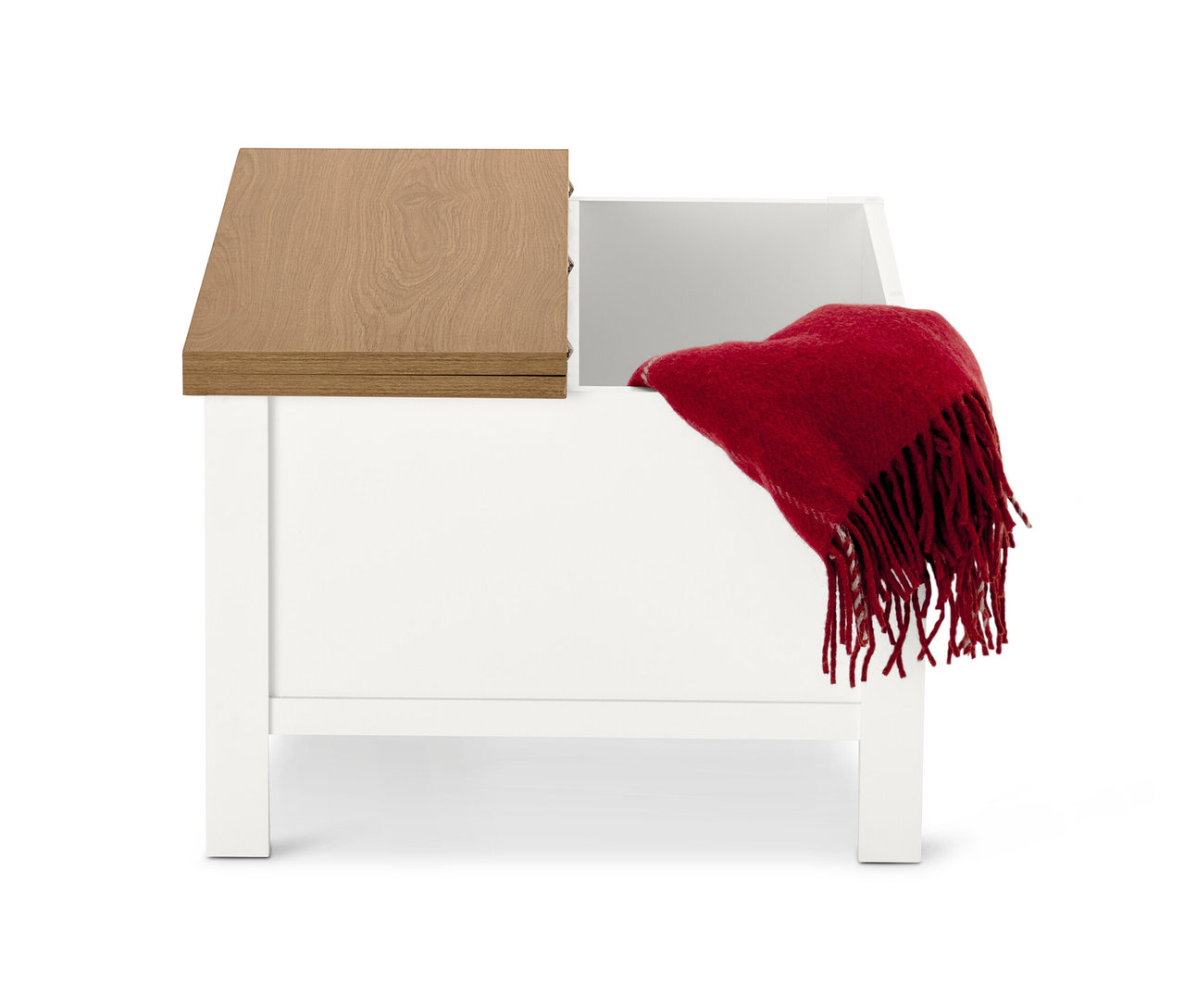 Table basse repliable avec une couverture rouge.