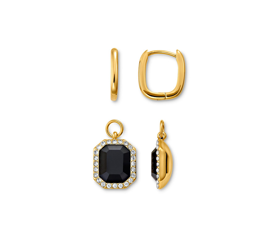 Deux créoles dorées Royal Black avec une pierre noire rectangulaire et des pierres précieuses transparentes.