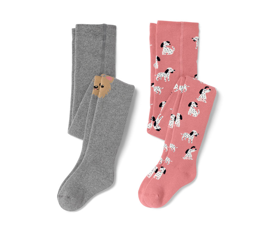 Deux collants thermiques pour enfant, un rose imprimé avec des chiens, l'autre gris avec un motif d'ours.