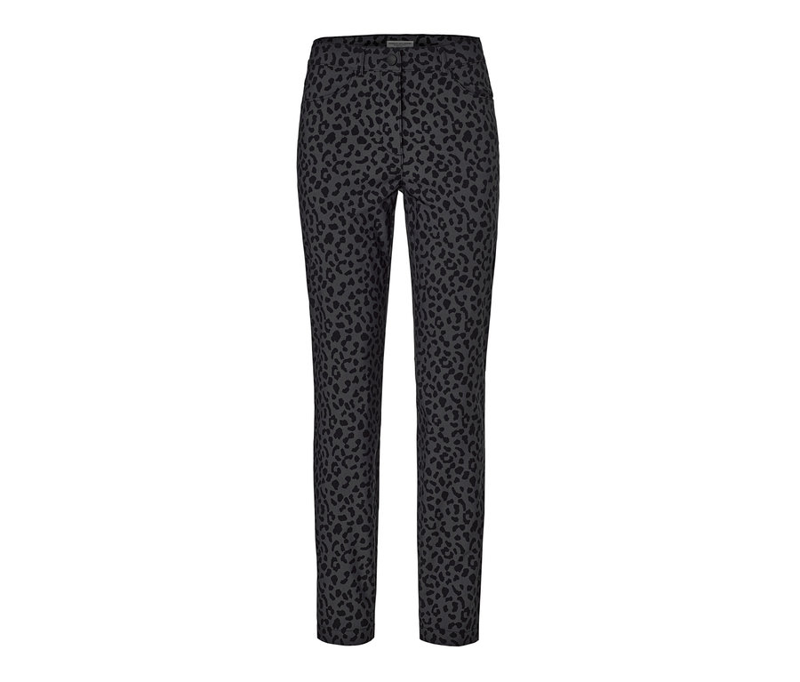 Pantalon imprimé en bengaline avec motif léopard noir sur fond gris.