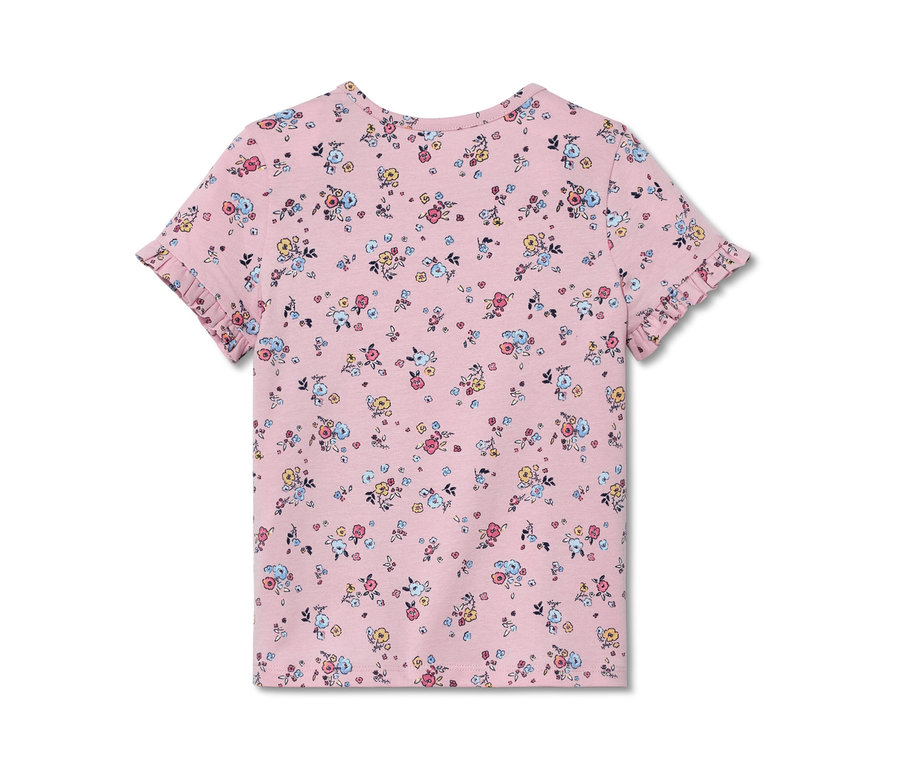 T-shirt rose à fleurs pour enfant avec manches courtes. Le t-shirt a des volants aux manches. 2
T-shirts pour enfant avec application.