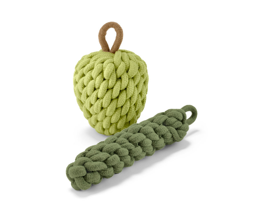 Jouet pour chien pomme-courgette en coton tressé.