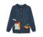 Gilet bleu en tricot pour tout-petit avec motif maison, arbre et renard.