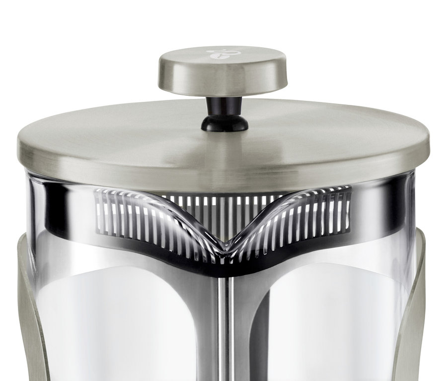 Détail d'une cafetière à piston argentée de 800 ml pour 6 tasses.