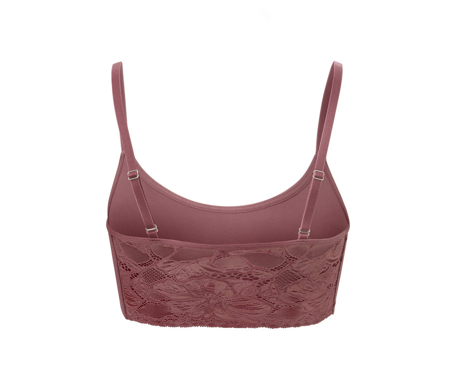Gros plan d'une brassière seamless marron avec de la dentelle.