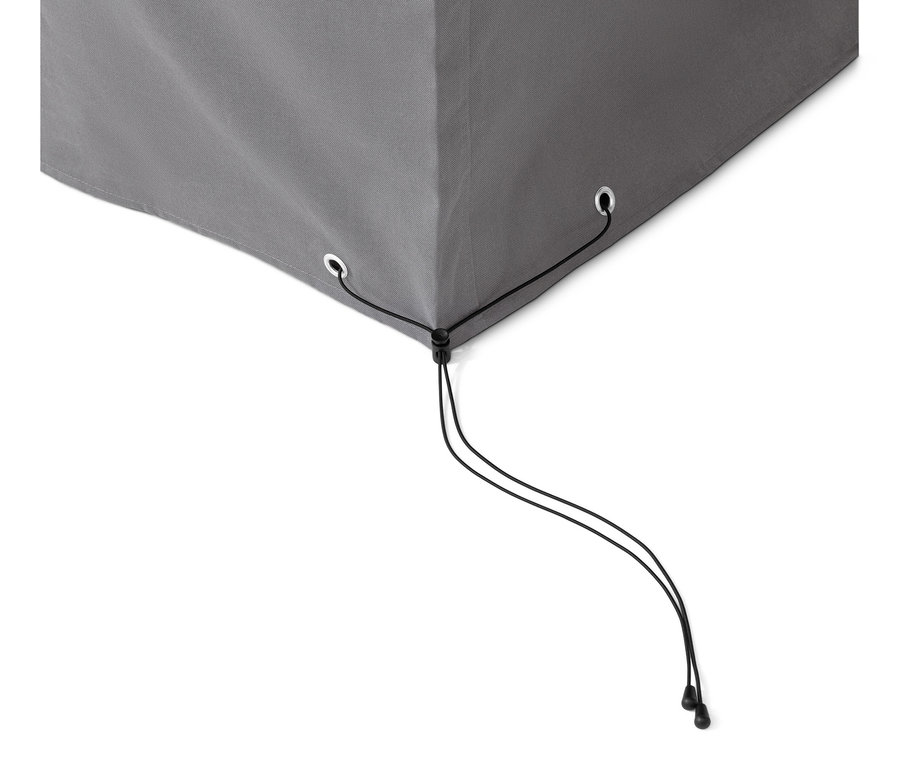 Détail de la housse de protection premium grise pour corbeille de plage XL avec cordon de serrage.