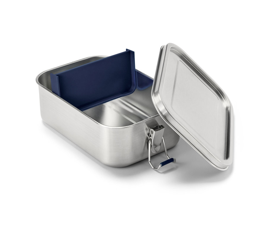 Boîte repas à emporter ouverte en acier inoxydable avec compartiment bleu.