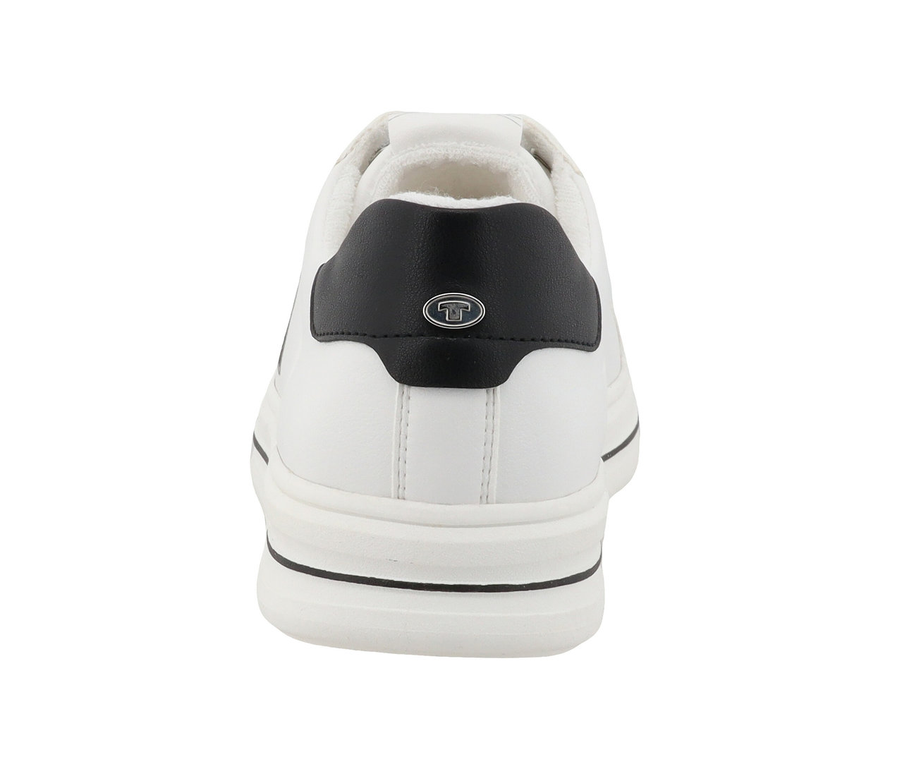 Vue arrière de baskets Tom Tailor en PU blanc et noir.