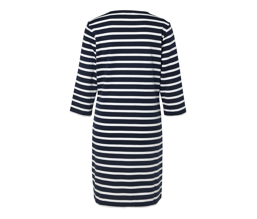 Vue arrière d'une robe molletonnée à rayures avec des manches trois-quarts.