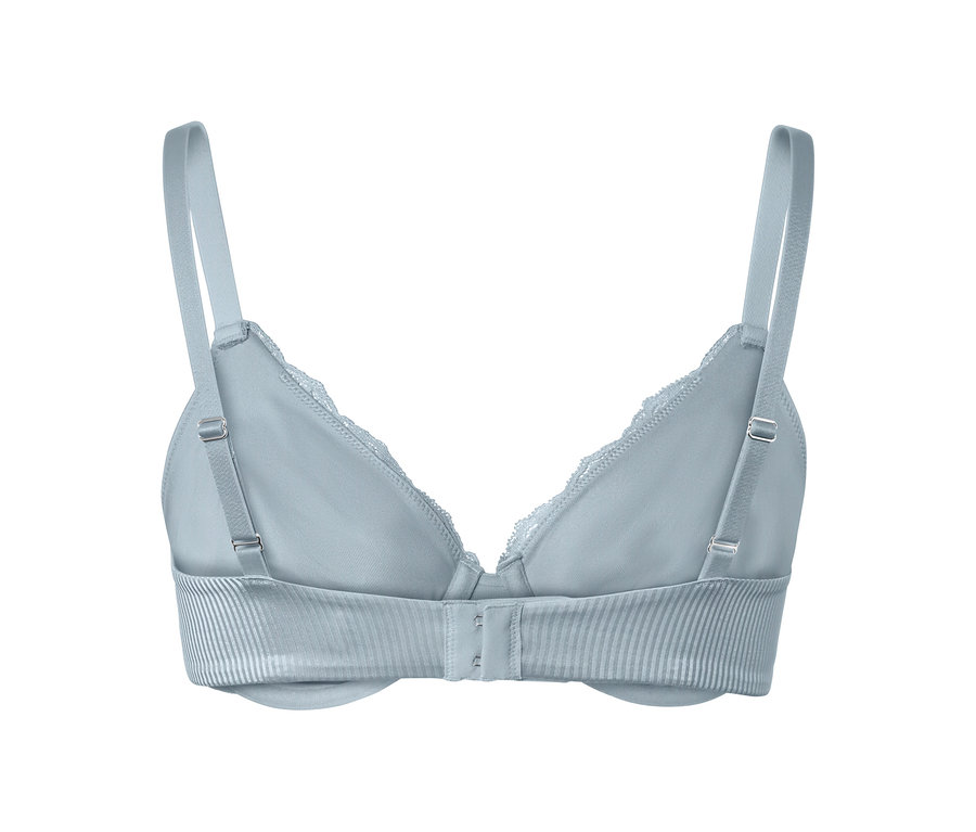 Soutien-gorge à armatures bleu avec bordure en dentelle.