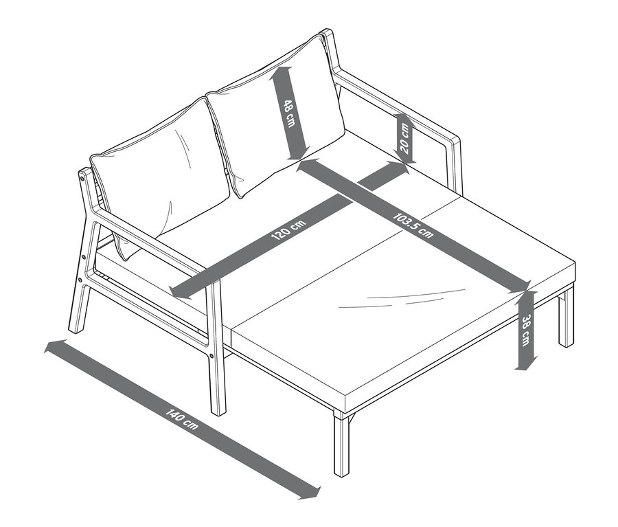 Schéma d'un canapé lounge extensible avec repose-pieds à tirer et dimensions associées.