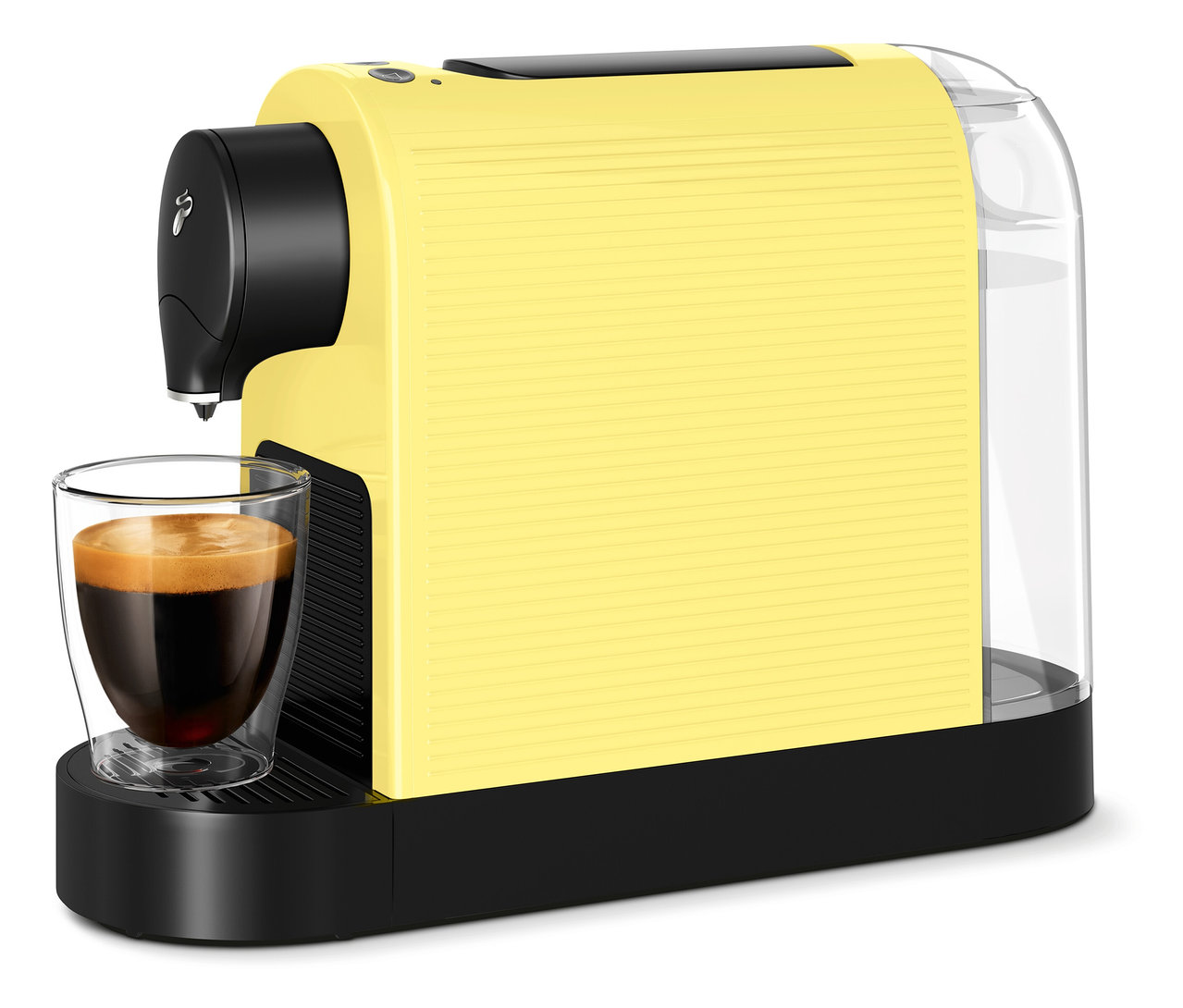 Machine à café à capsules jaune avec une tasse de café.