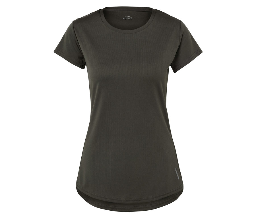 Gros plan sur un t-shirt de sport olive pour femmes.