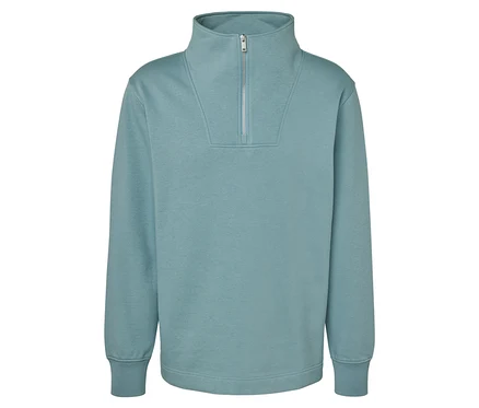 Sweat-shirt bleu clair avec fermeture éclair courte.