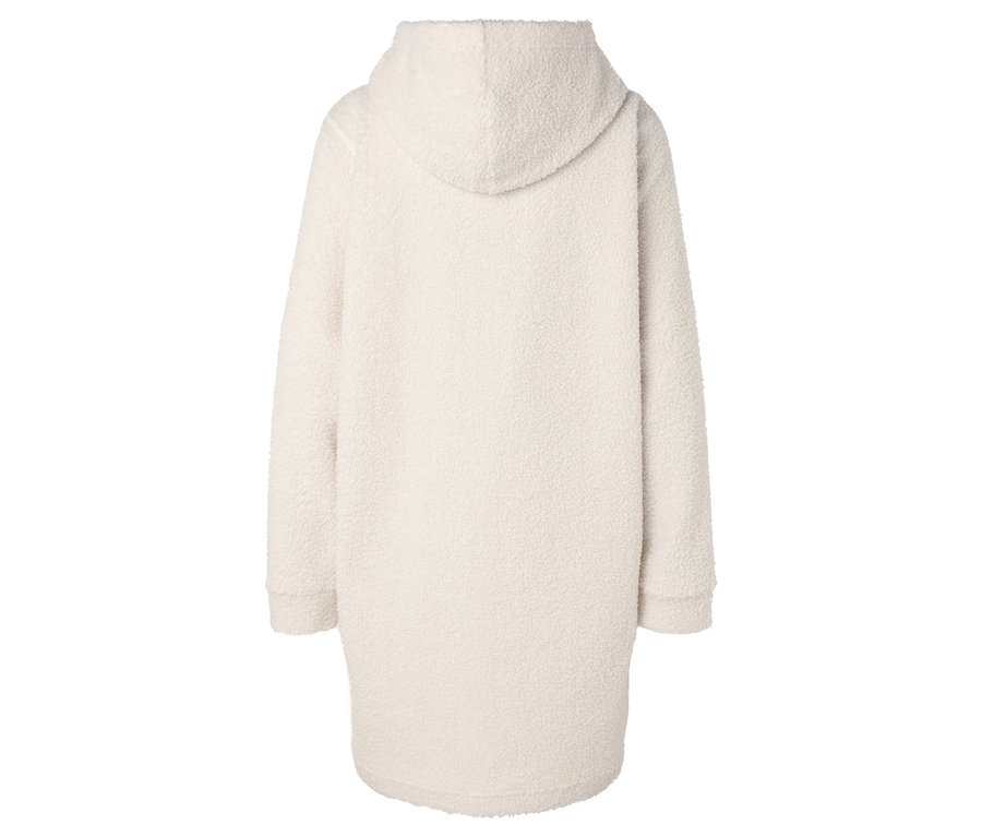 Vue arrière d'un long sweat à capuche en polaire teddy crème.