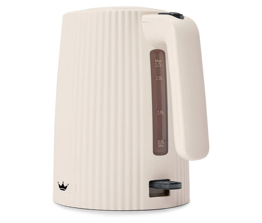 Bouilloire blanc crème avec une surface rainurée et un indicateur de niveau d'eau transparent.