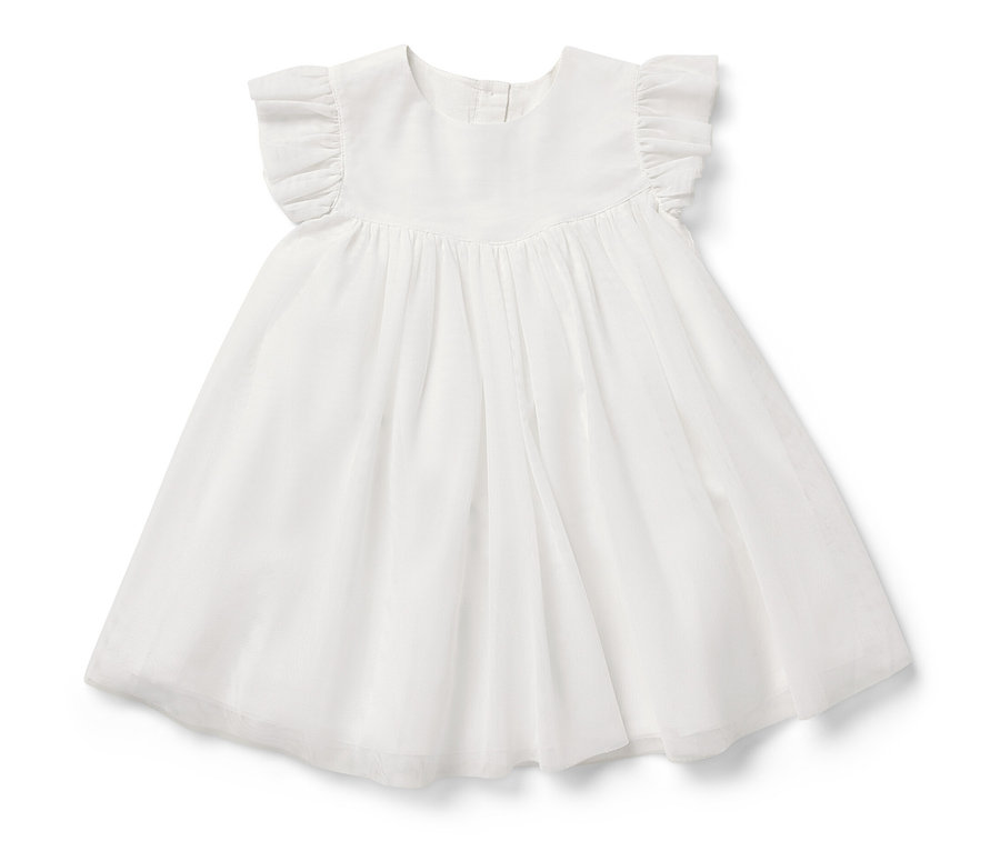 Robe en tulle blanche pour bébé avec manches courtes à volants.