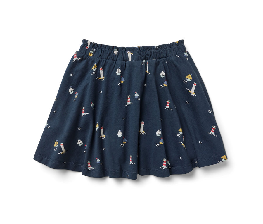 Jupe en jersey marine pour enfants avec des phares et des voiliers.