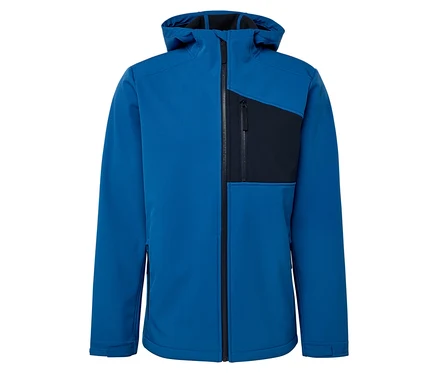 Veste softshell bleue avec capuche et poche poitrine noire.