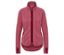 Veste en polaire rose avec fermeture éclair et bordure bordeaux.