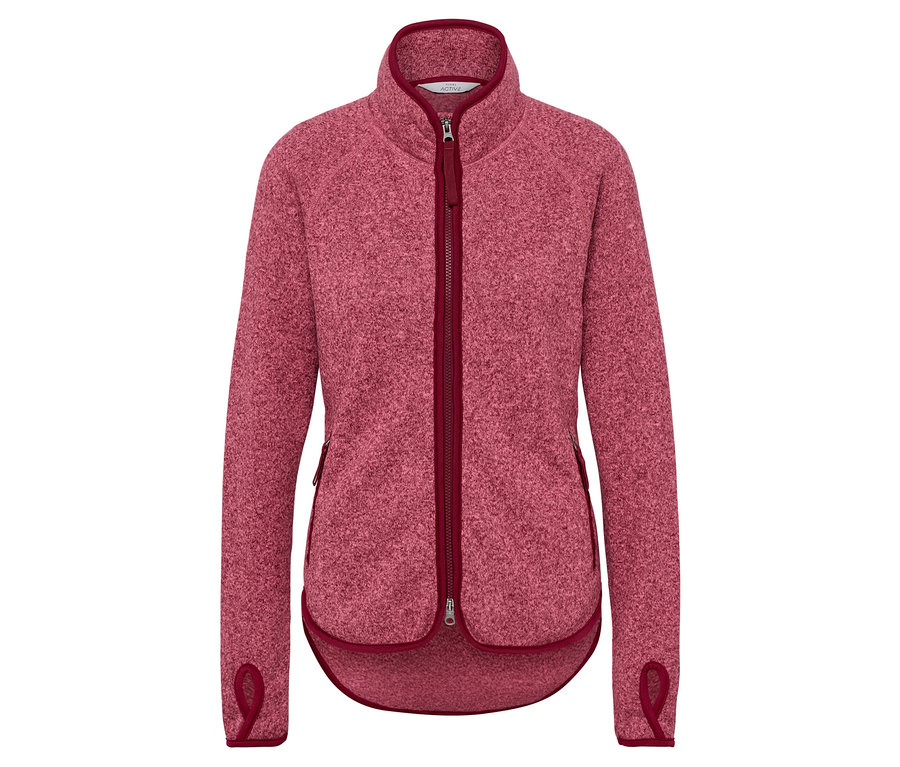 Veste en polaire rose avec fermeture éclair et bordure bordeaux.