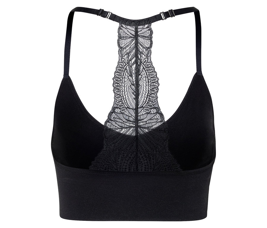 Vue détaillée de l'arrière d'une brassière de sport noire avec un dos nageur en dentelle.