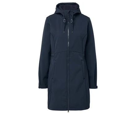 Un manteau softshell bleu marine avec une capuche et une fermeture éclair au centre.