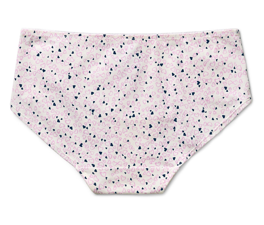 Culotte pour femme avec motif de petits cœurs roses et bleu foncé sur fond blanc.