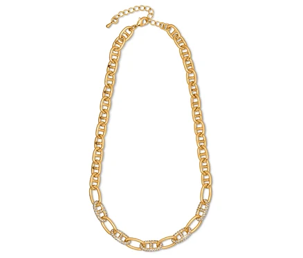 Collier doré avec chaîne à maillons et pierres décoratives.