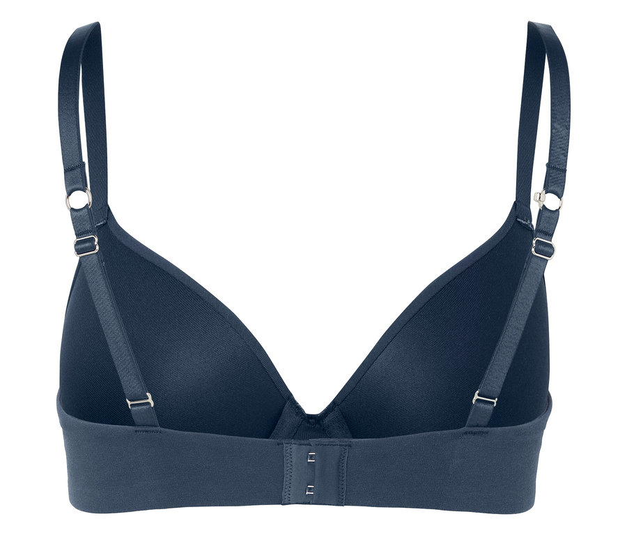 Vue arrière d'un soutien-gorge bleu marine avec bretelles réglables et fermeture à agrafes.