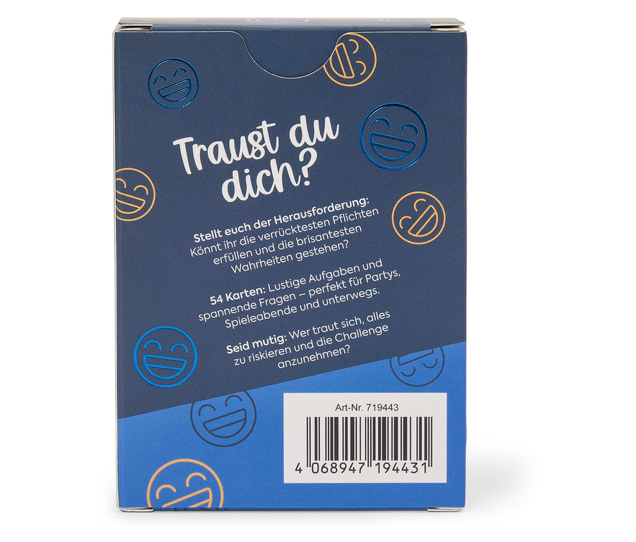 Boîte de jeu bleue avec texte et émoticônes.