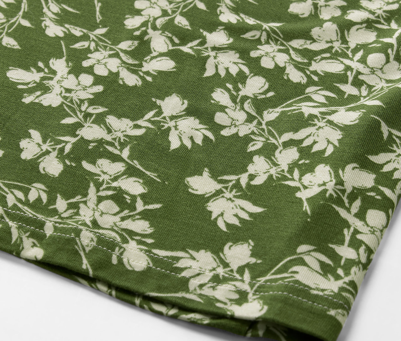 Gros plan sur une blouse imprimée avec un motif floral sur un tissu vert.