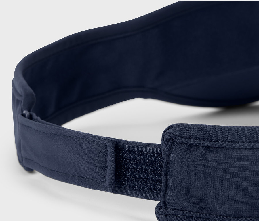Vue détaillée d'une visière de sport bleu marine avec une fermeture Velcro réglable.
