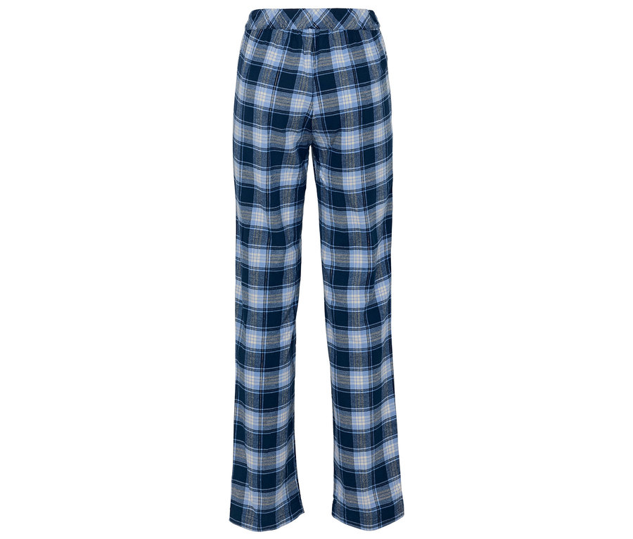 Un pantalon de pyjama bleu à carreaux avec une taille élastique.