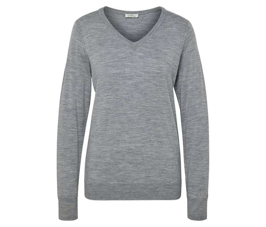 Pull gris à manches longues et col en V pour femme.