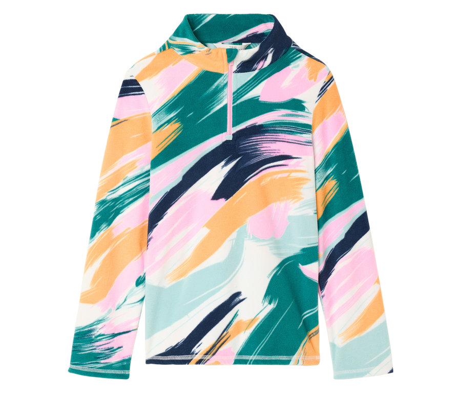 Pull en polaire à motifs avec manches longues et fermeture éclair courte.