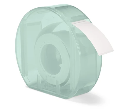 Distributeur transparent bleu-vert avec ruban adhésif blanc.