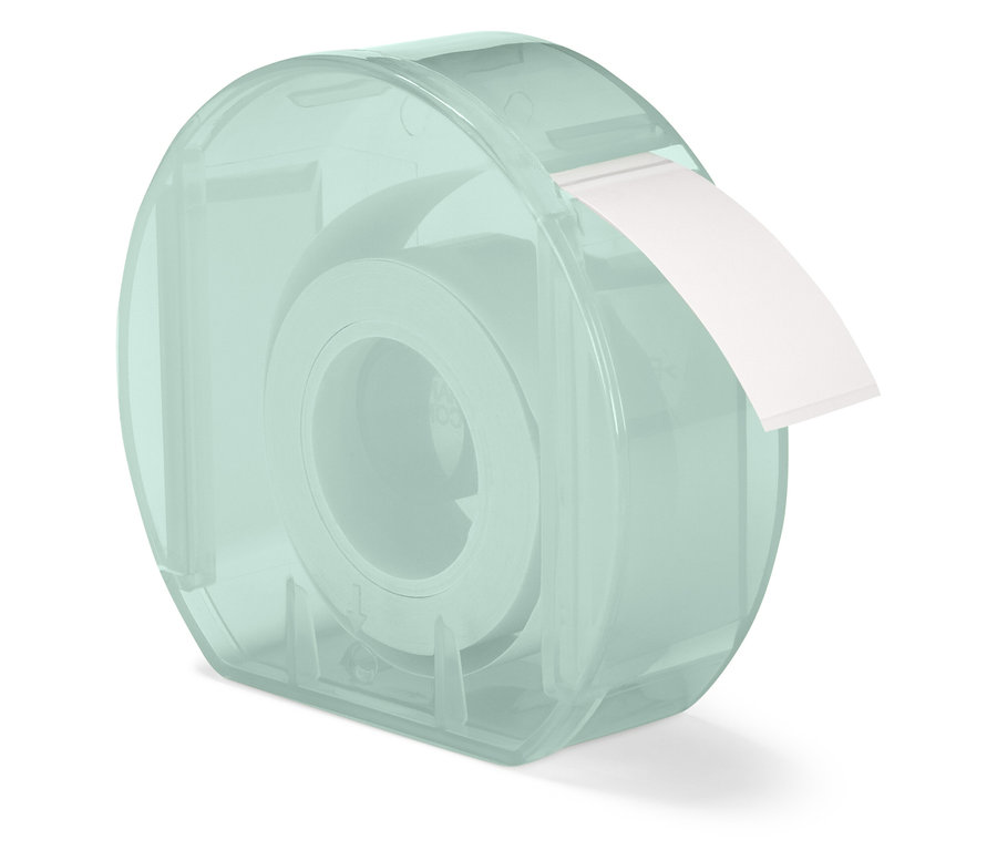 Distributeur transparent bleu-vert avec ruban adhésif blanc.