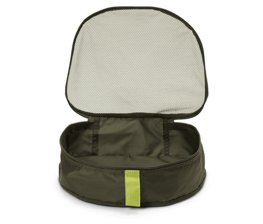 Sac rond olive ouvert avec couvercle en maille.