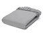 Drap-housse gris plié avec coins élastiques.