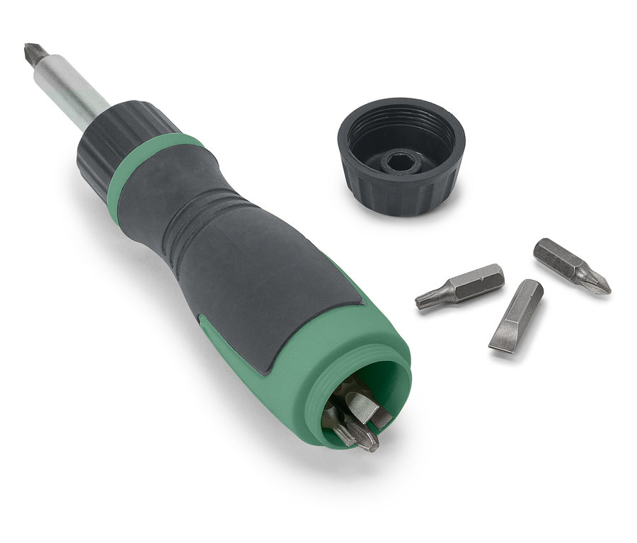 Tournevis à cliquet magnétique avec embouts.