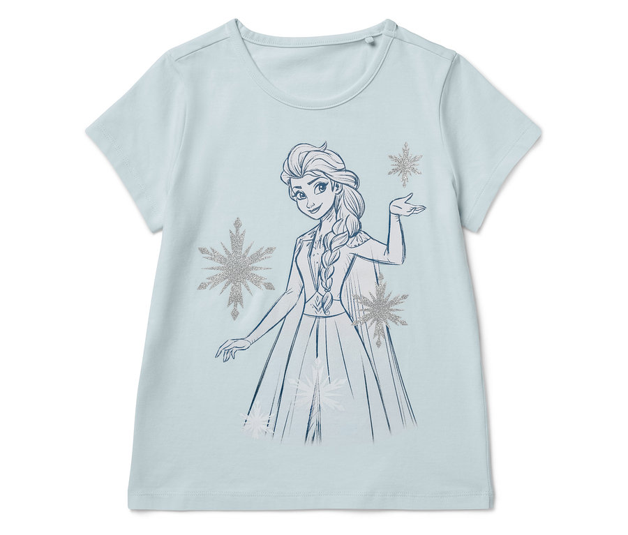T-shirt clair avec Elsa dessinée et des flocons de neige.