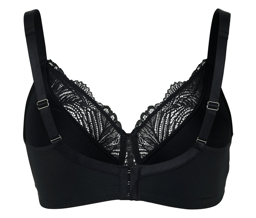 Vue détaillée d'un soutien-gorge noir avec dentelle et bretelles réglables.