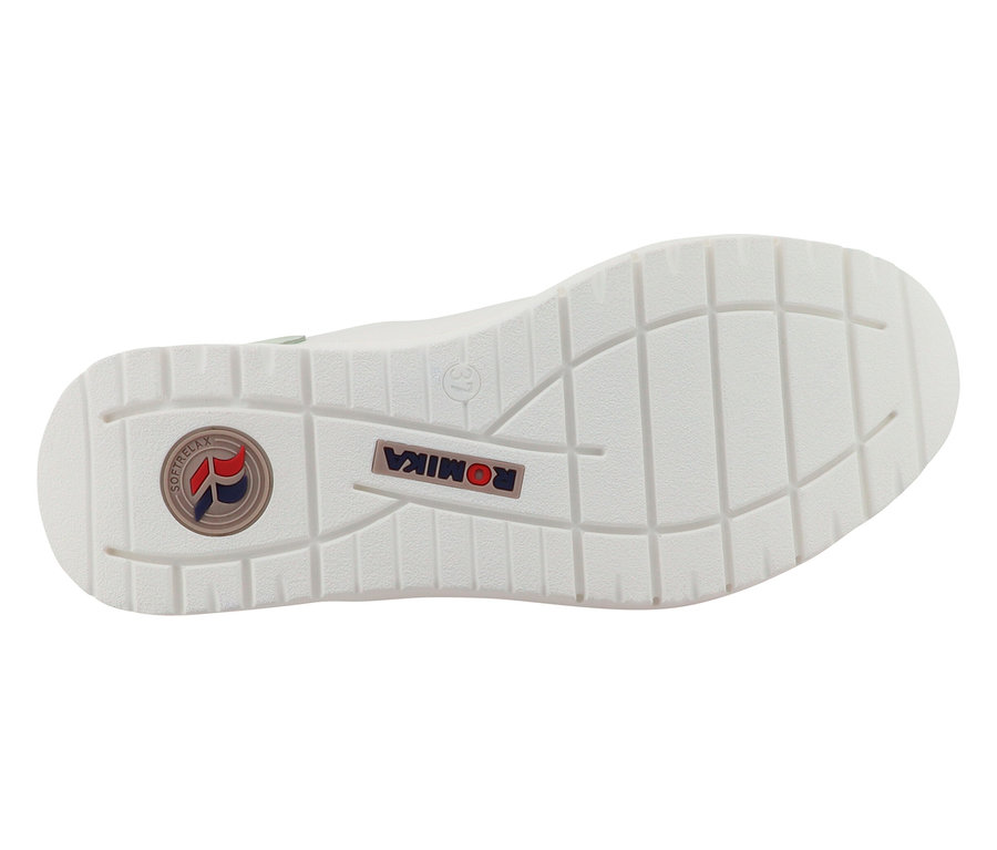 Semelle d'une chaussure Romika blanche avec le logo Romika.